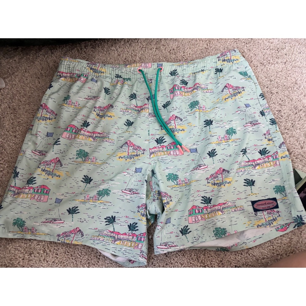 Vineyard Vines Swim Trunks Mens XL Tropical Beach Print Mint Green Board Shorts